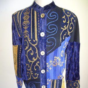 Womens Blue Gold Vintage 1990s Indigo Moon Velvet Jacket S Embroidery Felt Black